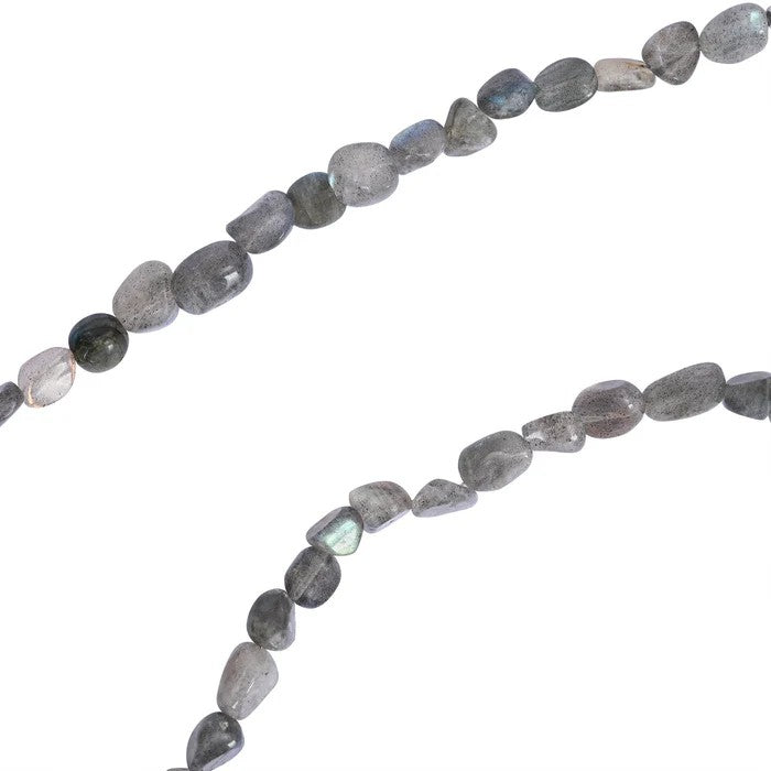 Two strands of gray, polished labradorite pebble beads.