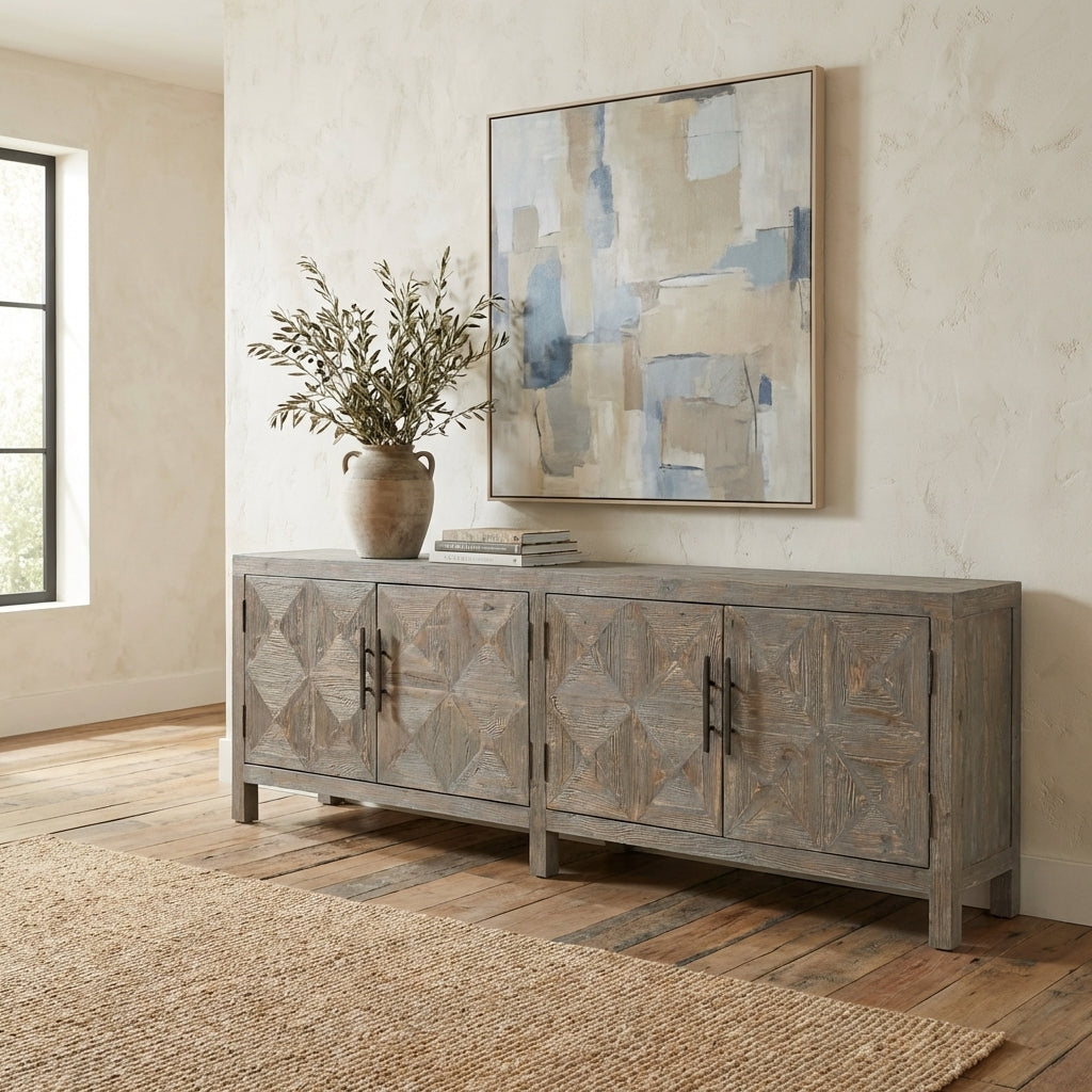 Rustic wooden sideboard with geometric pattern doors.