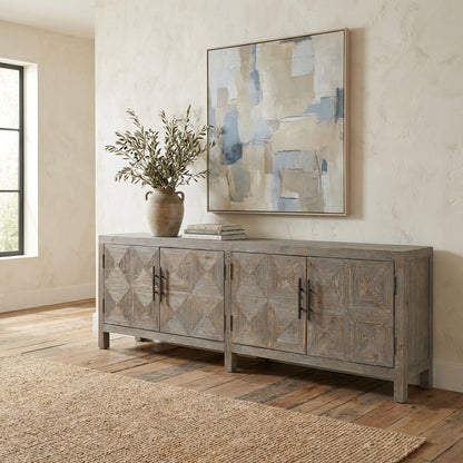 Rustic wooden sideboard with geometric pattern doors.