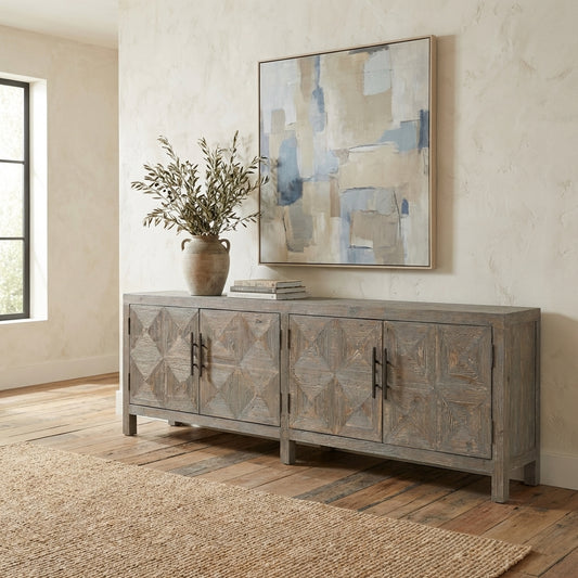 Rustic wooden sideboard with geometric pattern doors.