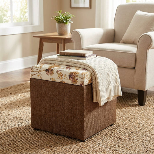 Cozy living room with a beige sofa and patterned ottomans.