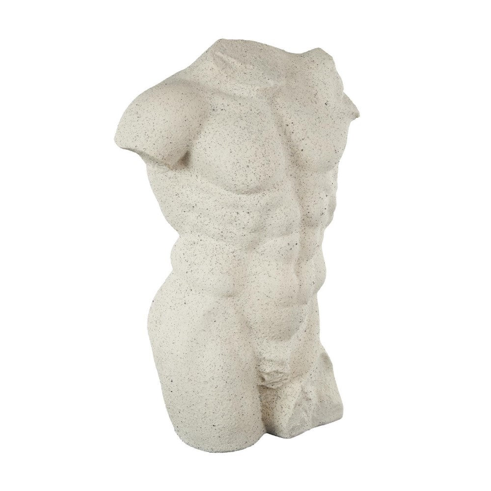 Stone torso sculpture with defined muscles.