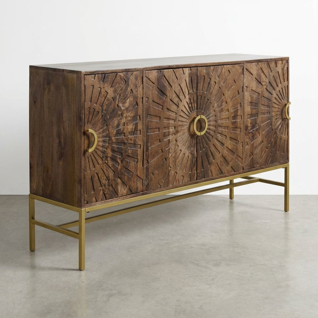 Wooden sideboard with intricate sunburst carvings and gold accents.