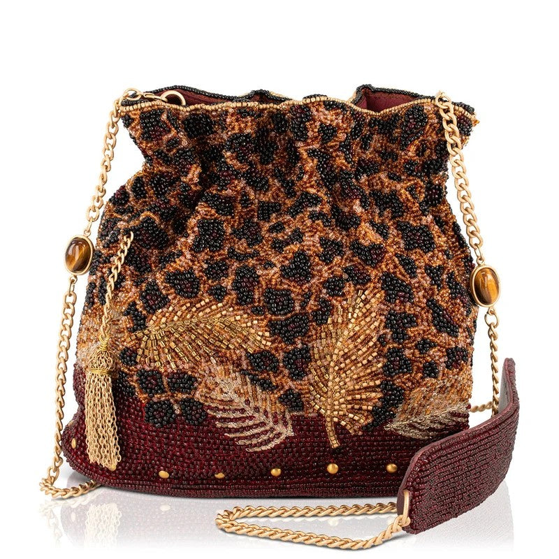 Beaded animal print pouch with a golden chain strap.