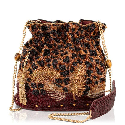 Beaded animal print pouch with a golden chain strap.