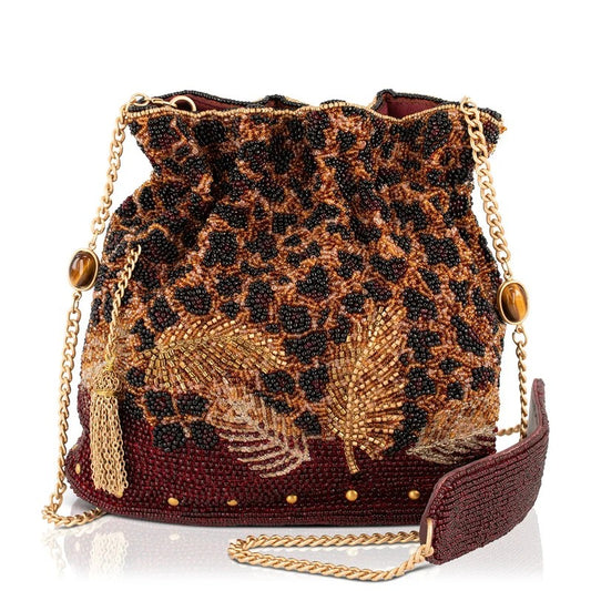 Beaded animal print pouch with a golden chain strap.