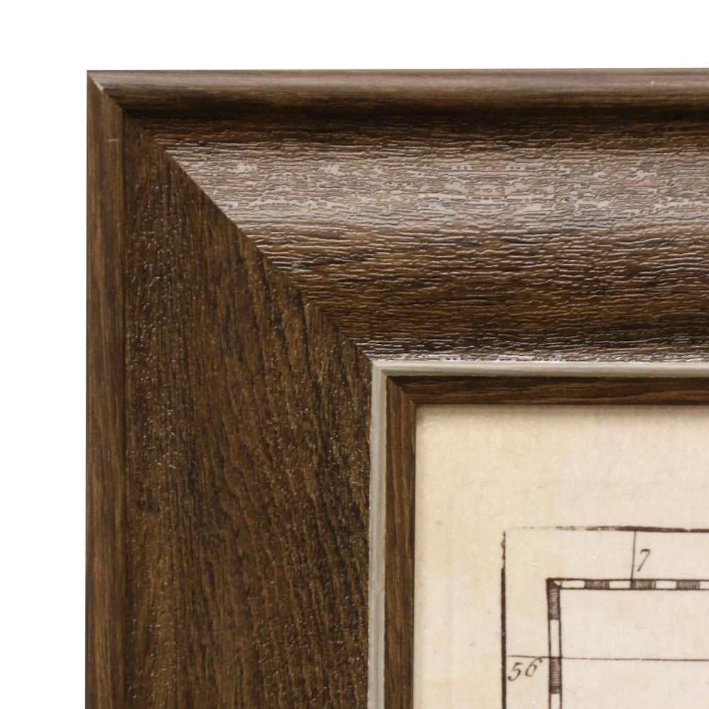 Wooden frame corner with a partial artwork inside.