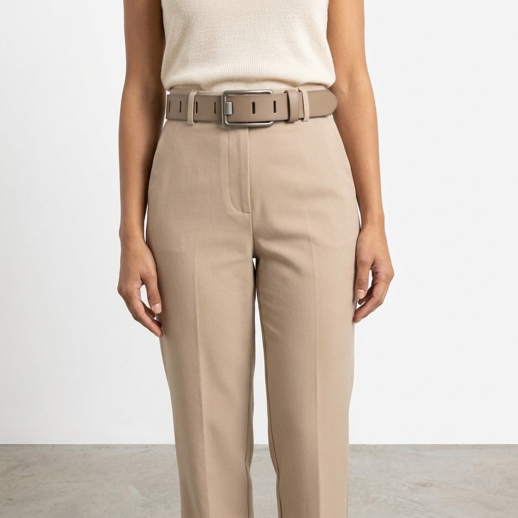 Woman wearing beige pants with a matching belt.
