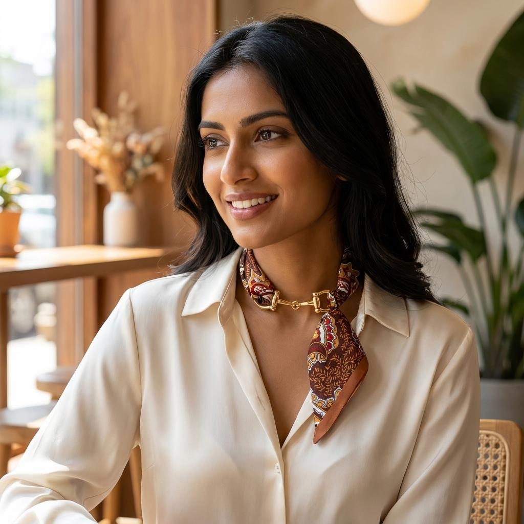 A smiling woman in a white blouse and patterned scarf sits in a warmly lit café.