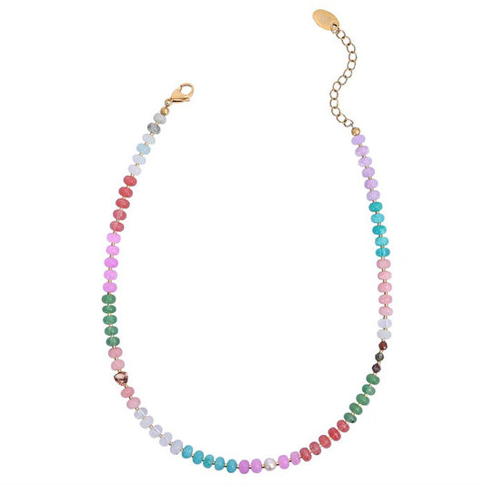 Colorful bead necklace with a gold chain and clasp.