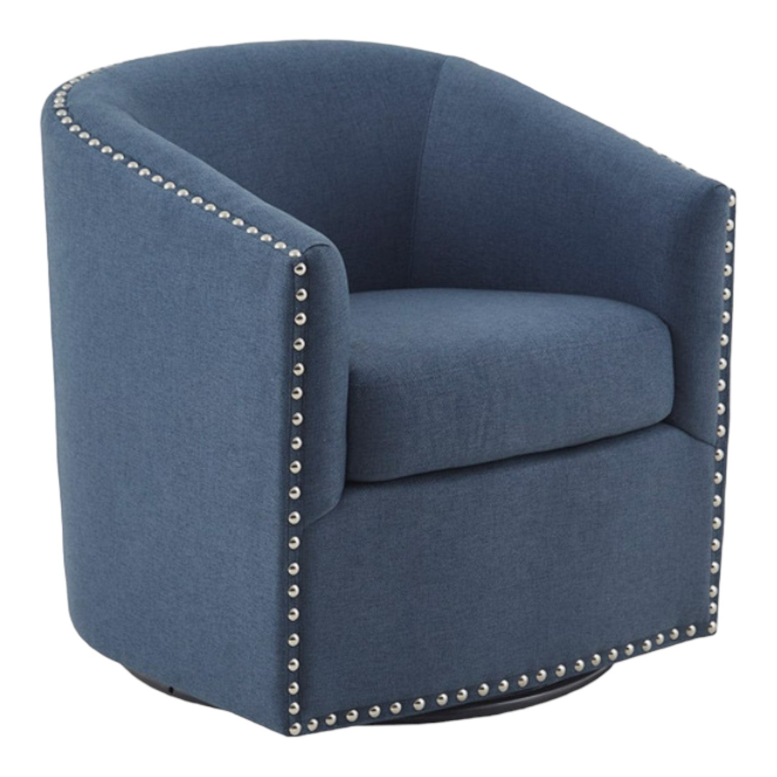 Blue swivel chair with studded trim detailing.