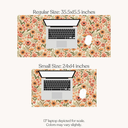 Floral desk mats in two sizes with a laptop and mouse.