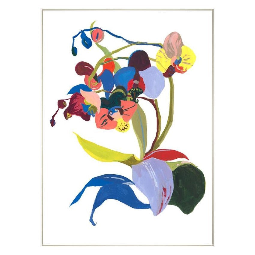 Colorful abstract floral painting on a white background.