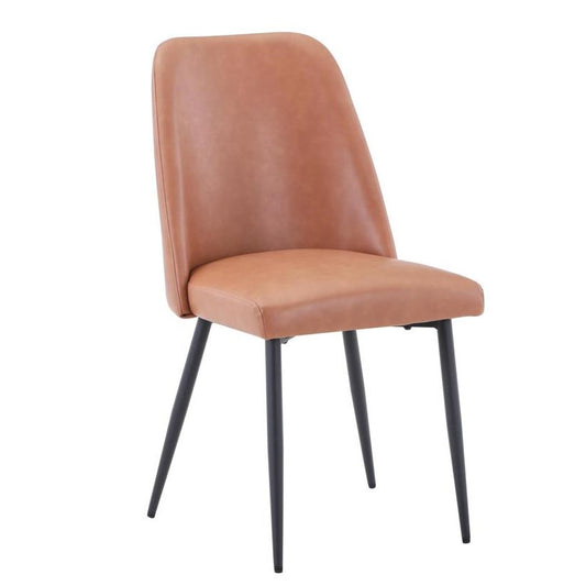 Brown leather chair with sleek black legs.