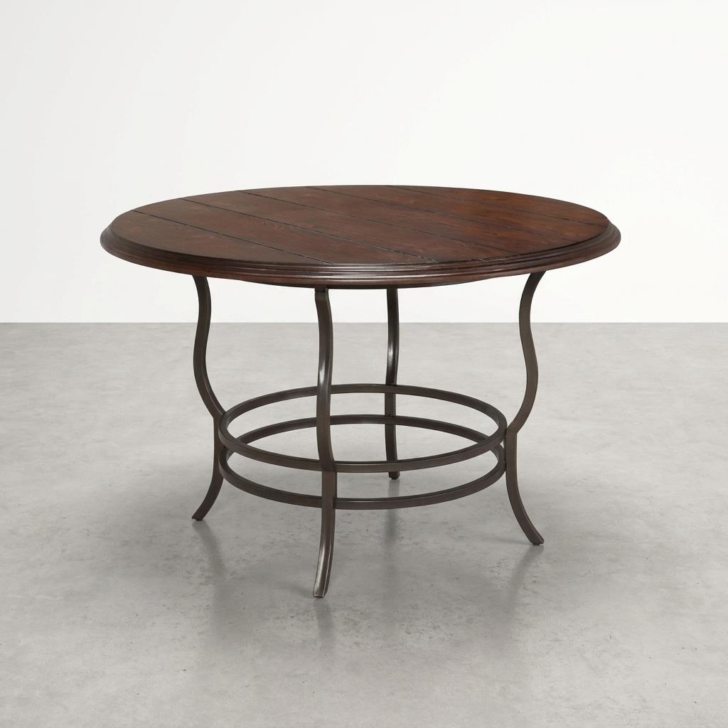Round wooden table with elegant curved metal legs.