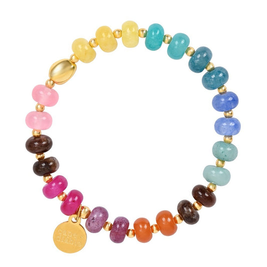 Colorful beaded bracelet with gold accents and a round charm.