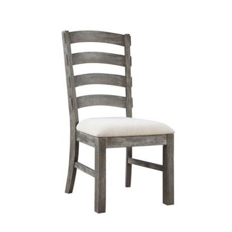 Grey wooden chair with a ladder back and cushioned seat.