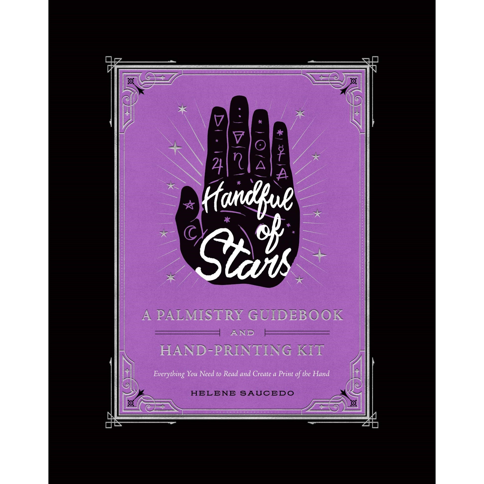 Purple palmistry book cover with mystical hand design.