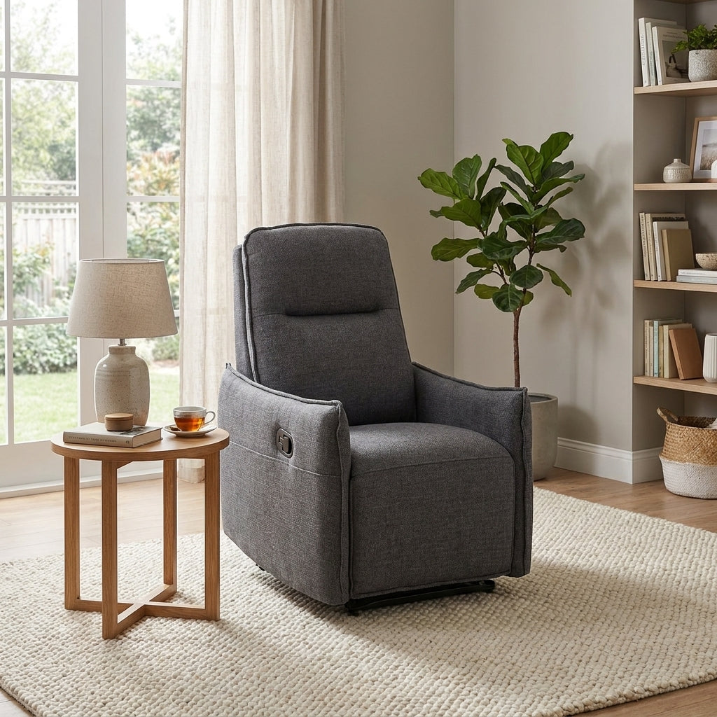 Gray fabric recliner chair with a lever on the side.