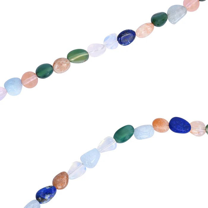 Colorful oval beads in a diagonal pattern on a white background.