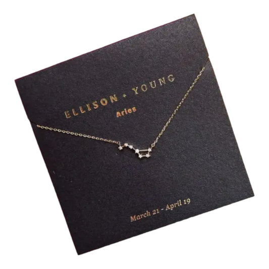 Aries constellation necklace on a black card with dates.