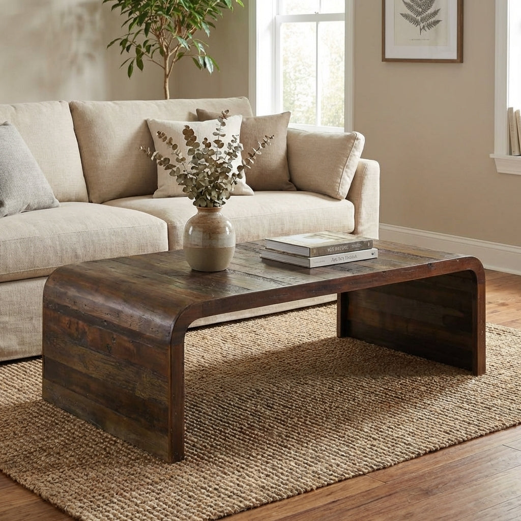 Modern, low wooden table with rounded corners and a rustic finish.