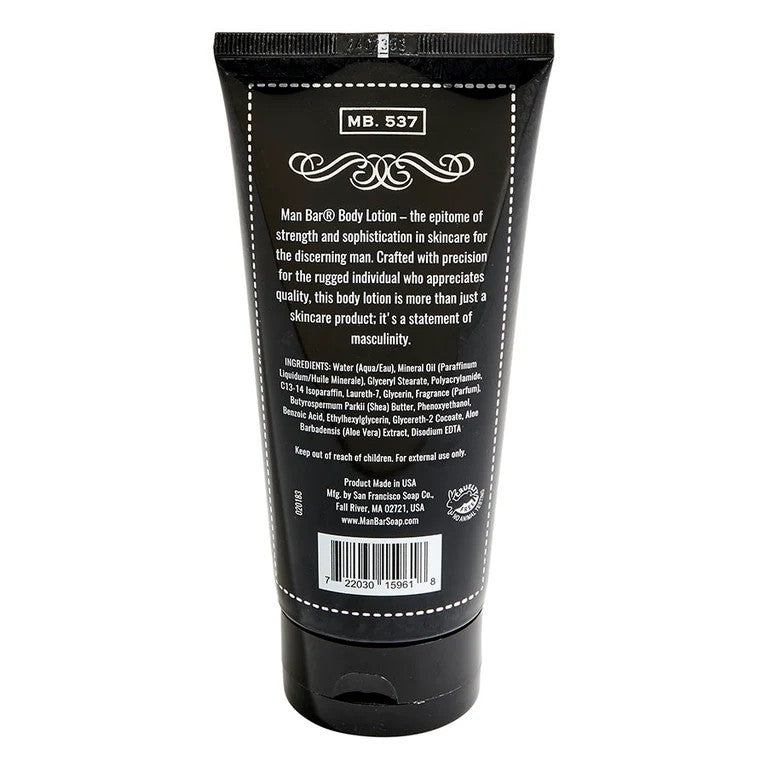 Black tube of body lotion for men with text and ingredients listed.