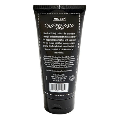 Black tube of body lotion for men with text and ingredients listed.