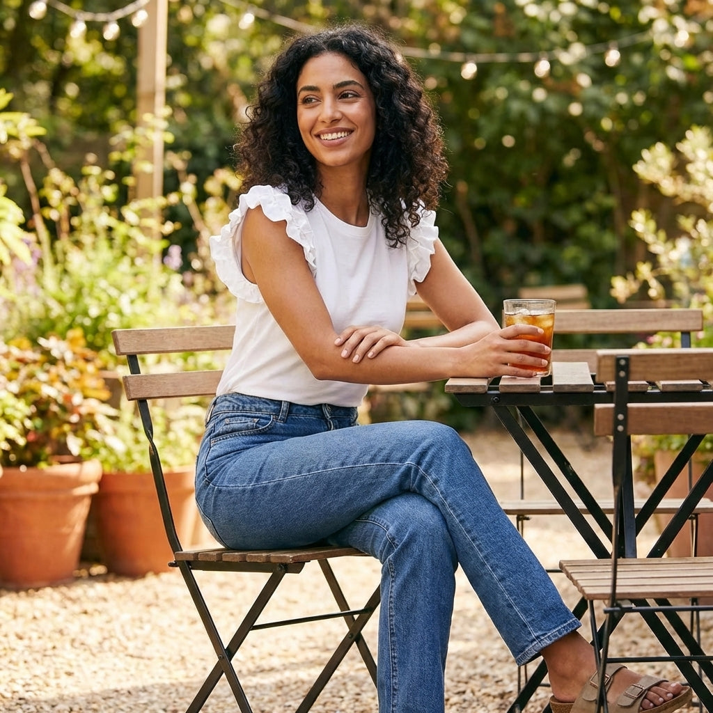 Woman with curls sits outside, smiling, holding a drink.