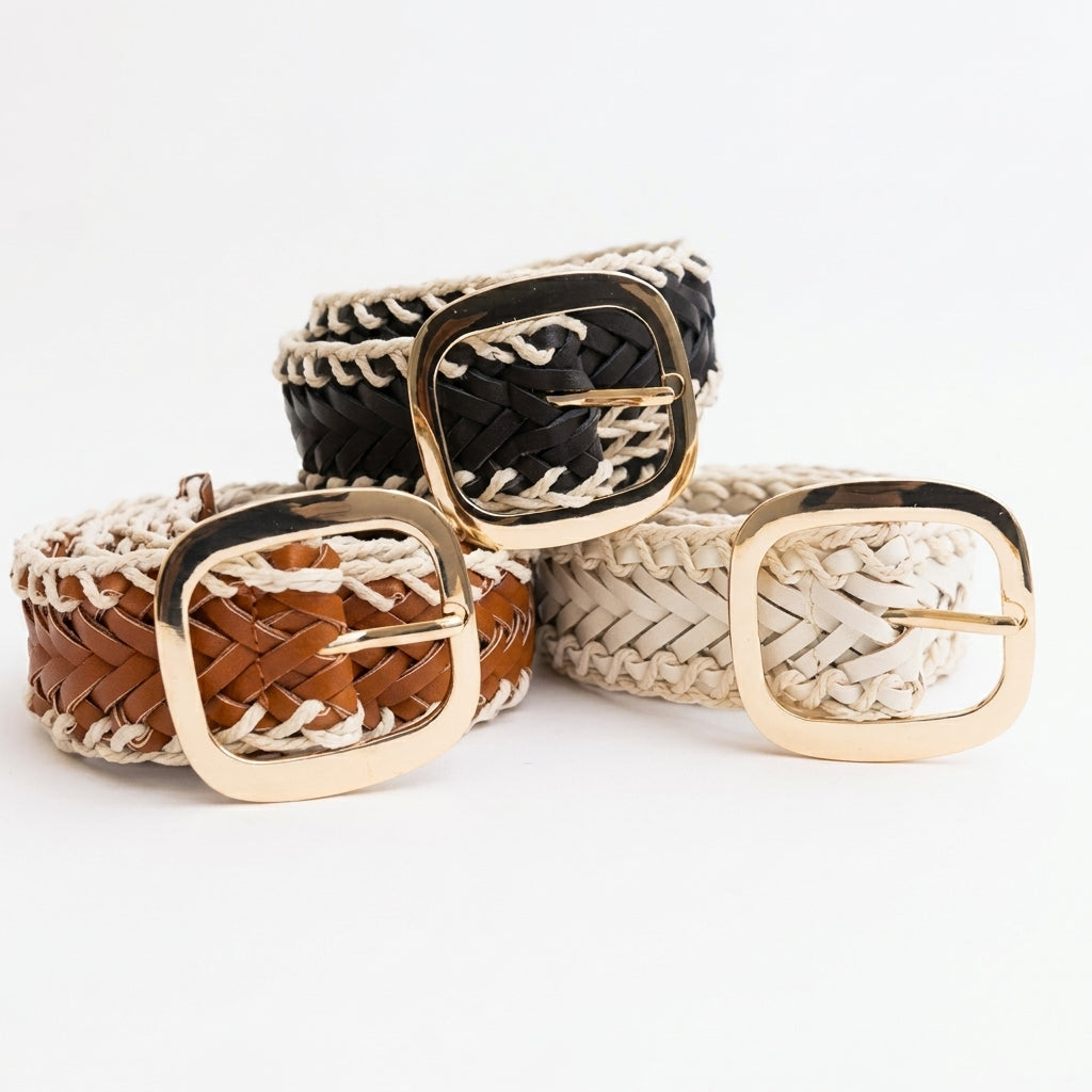 Three woven belts with gold buckles in black, brown, and white.