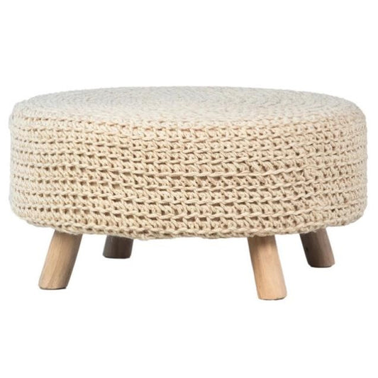 Round woven ottoman with wooden legs.