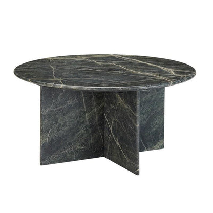 Round, dark marble table with intersecting base.