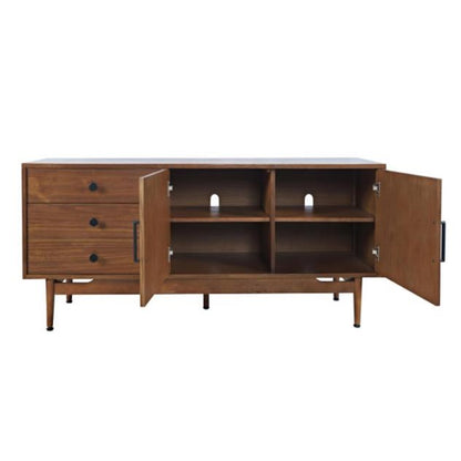 Wooden sideboard with drawers and open cabinets.