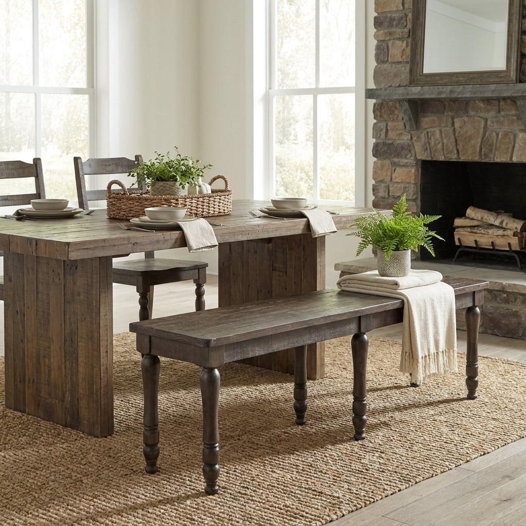 Dark wooden bench with four turned legs.