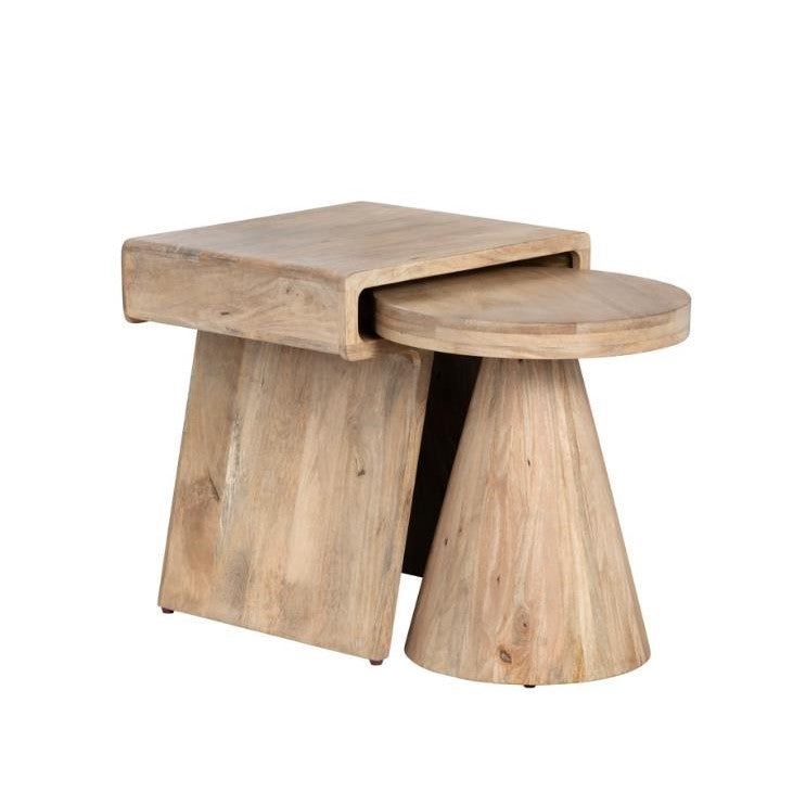 Wooden nesting side table with a square top and circular secondary table underneath.