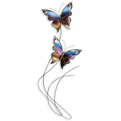 Two colorful metal butterflies on curved wire stems.