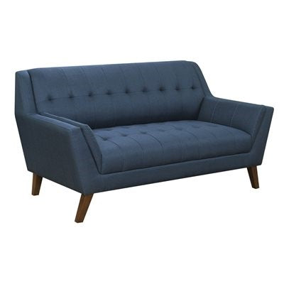 Blue mid-century modern sofa with wooden legs.