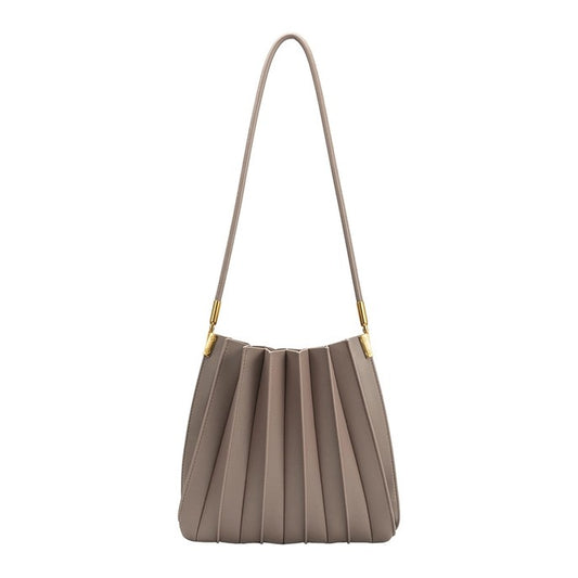 Taupe pleated handbag with gold accents and a slim strap.