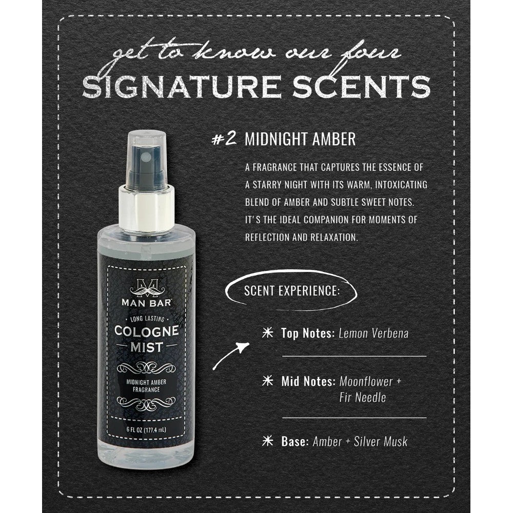 Midnight Amber cologne mist with notes of lemon verbena, moonflower, and amber.
