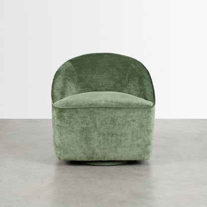 Green velvet upholstered swivel chair with a rounded backrest.