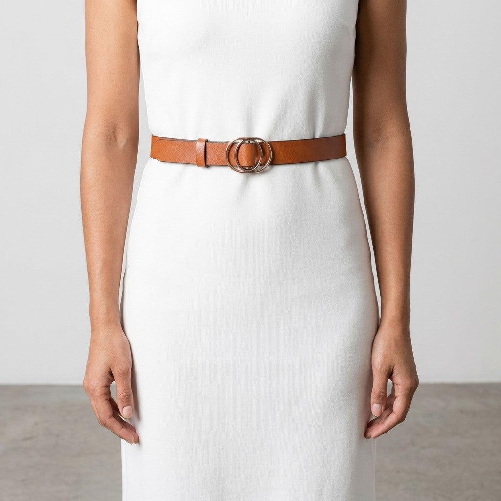 Woman in white dress with a brown belt featuring a double circle buckle.