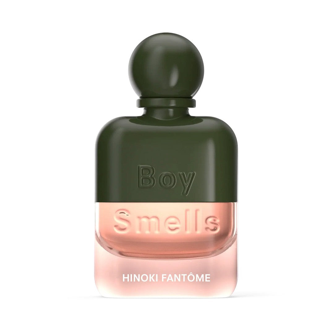 Dark green and pink "Boy Smells" Hinoki Fantôme perfume bottle.