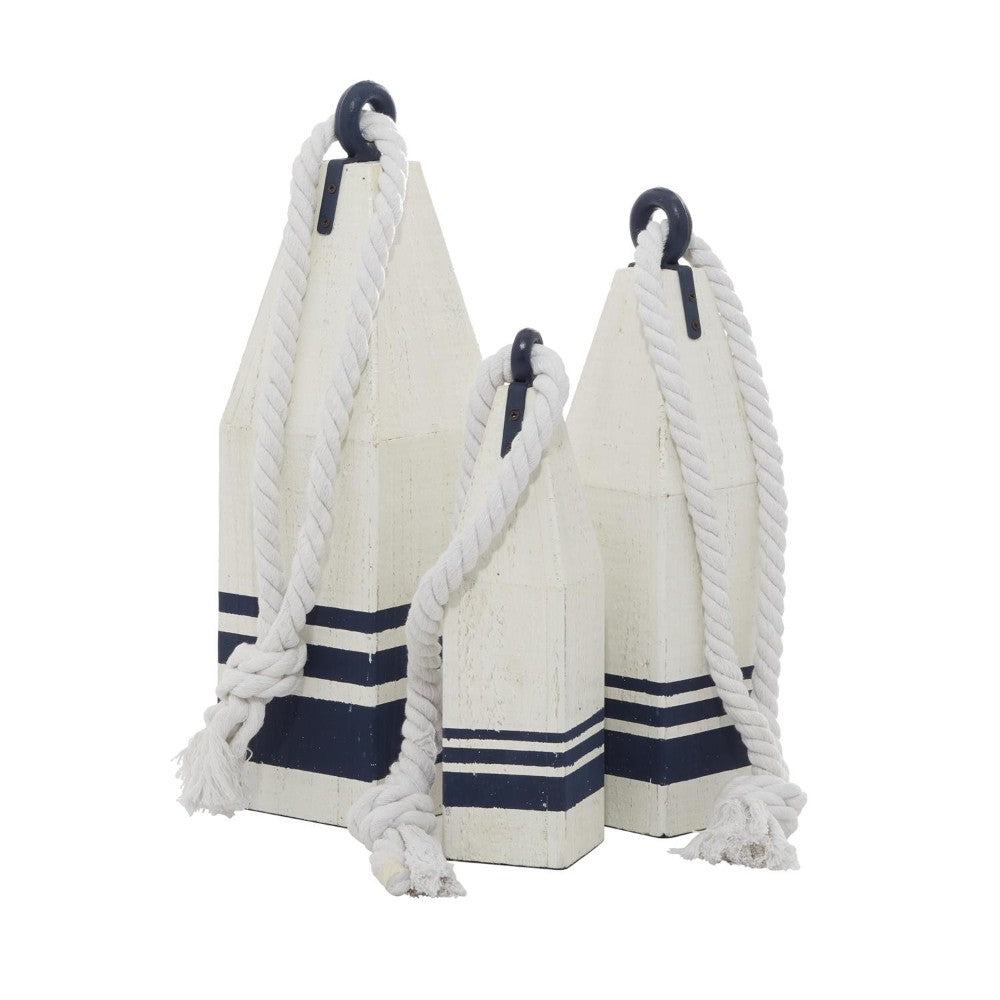 White and blue wooden buoys with ropes.