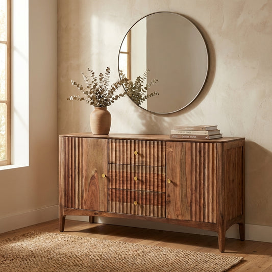 Wooden sideboard with vase, books, and round mirror on a textured wall.