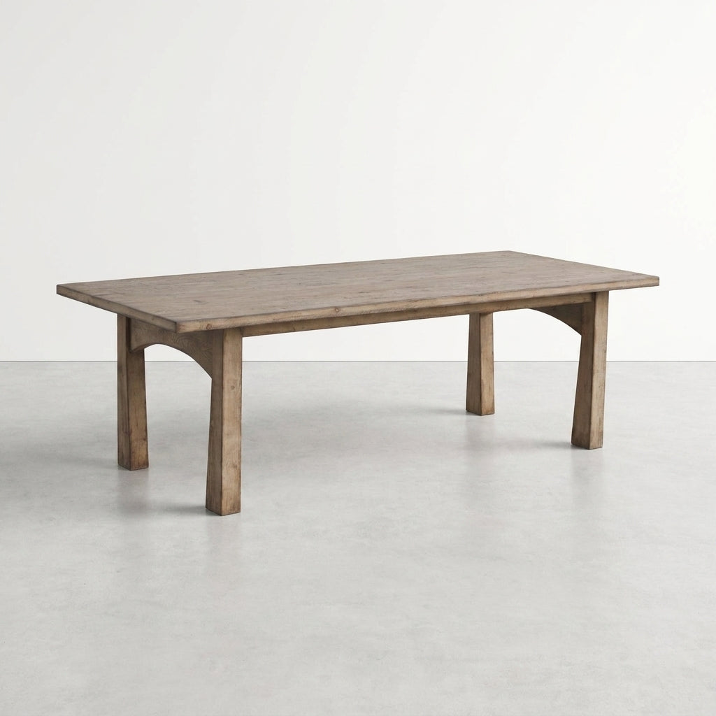 Wooden dining table in minimalist setting.