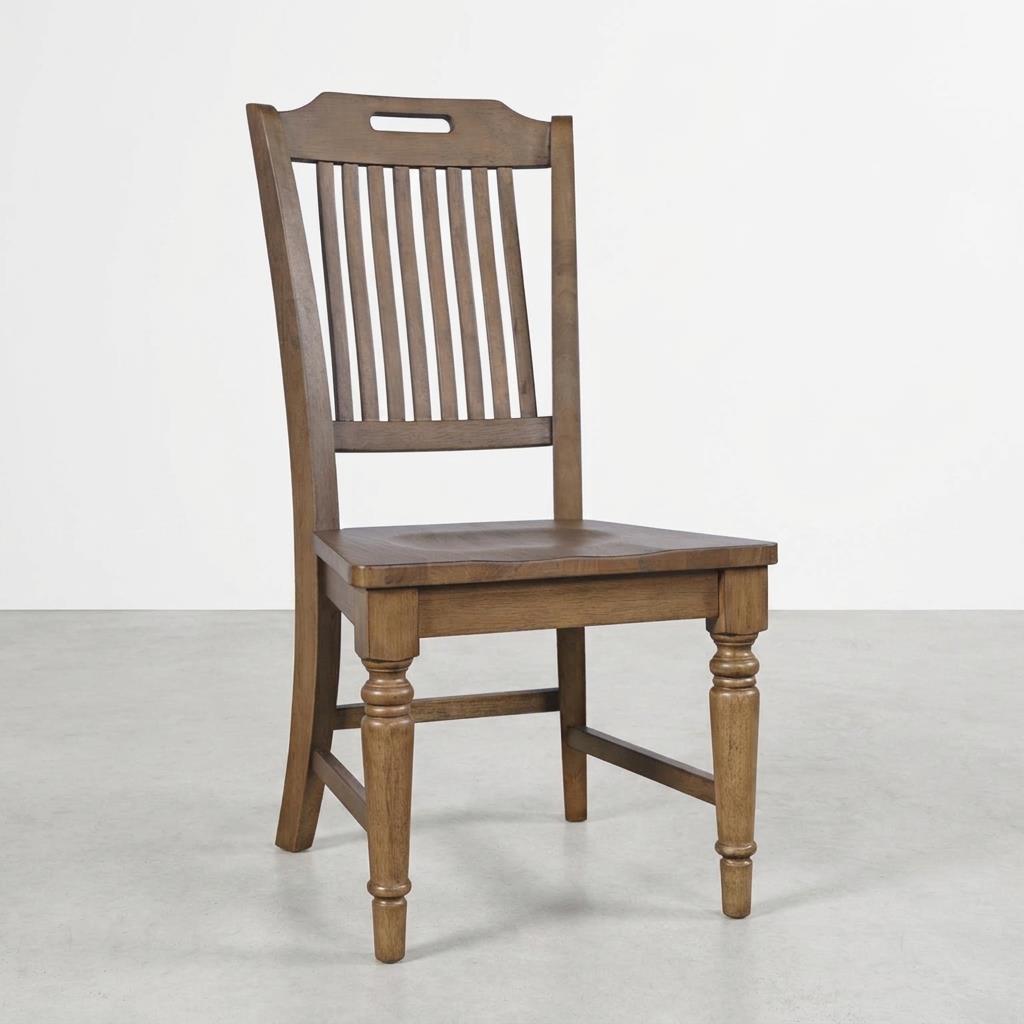 Wooden chair with slatted backrest and turned legs on a white background.