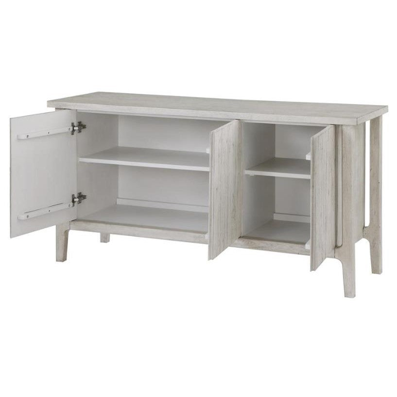 White sideboard with open double doors and internal shelves.