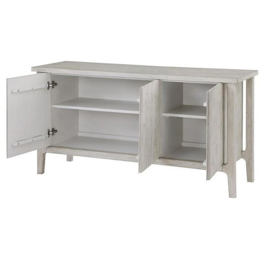 White sideboard with open double doors and internal shelves.