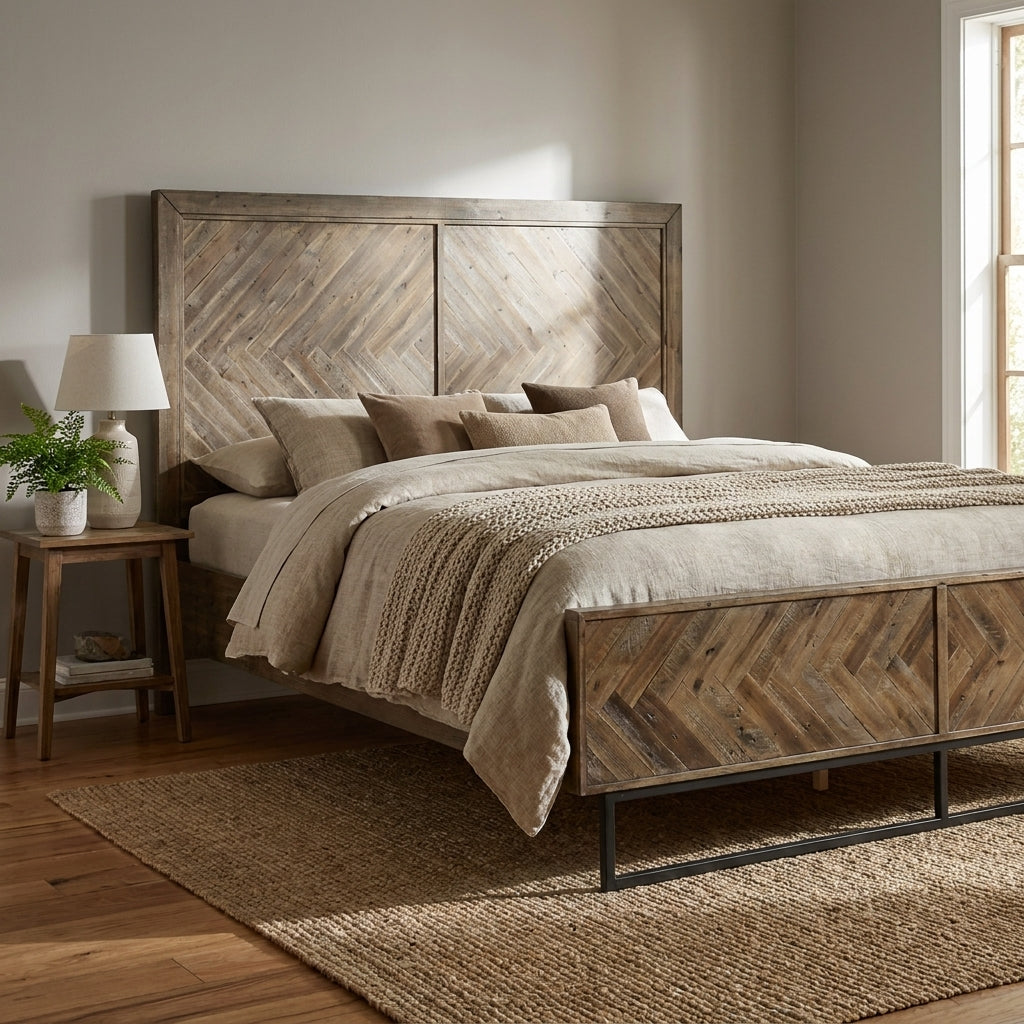 Wooden bed frame with chevron pattern and metal base.