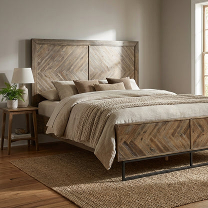 Wooden bed frame with chevron pattern and metal base.